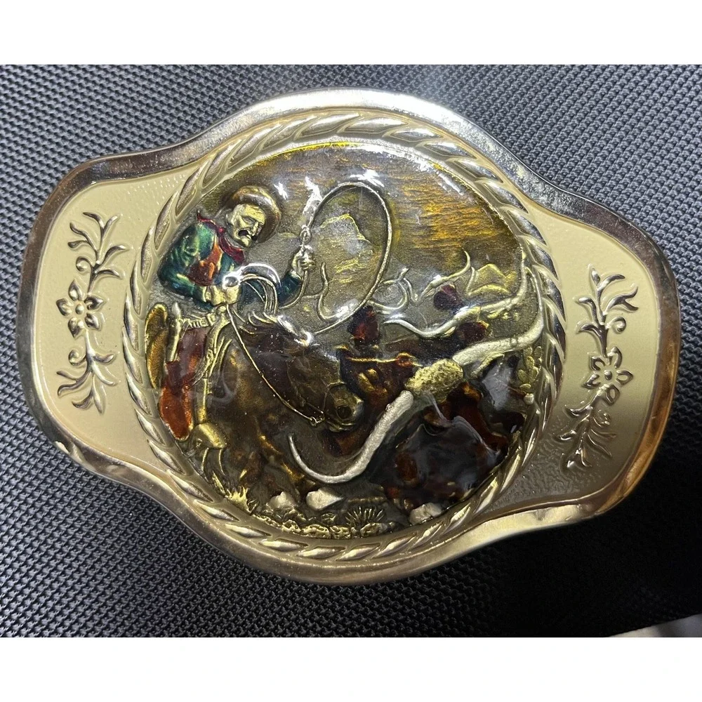 MBCI Belt Buckle Mens Gold Tone Western‎ Cowboy Rodeo Roping Longhorn Enamel